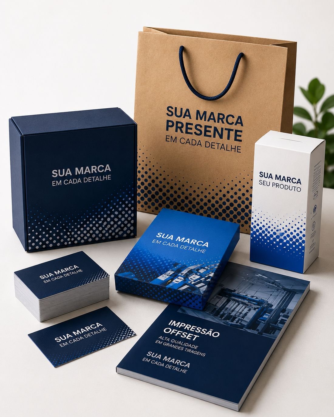 Mockup de materiais impressos em offset pela CopyAzul: caixa personalizada, sacola kraft, embalagem de produto e material institucional em azul-marinho e azul