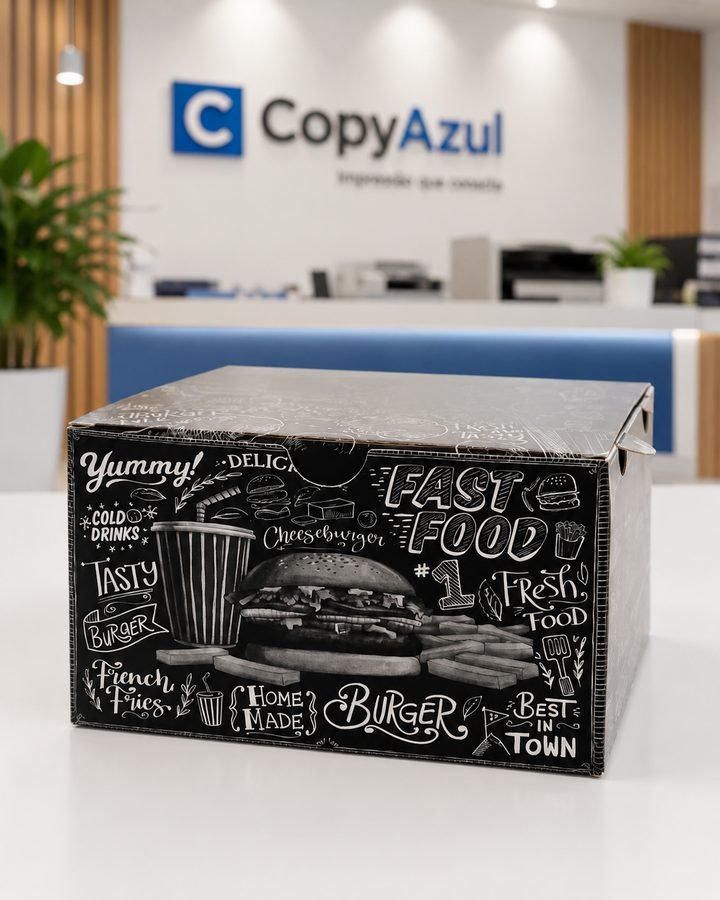 Caixa de hambúrguer personalizada, com ilustração em alto contraste