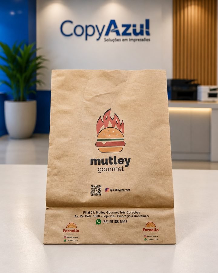 Sacola kraft personalizada, com marca, QR code e contato impressos